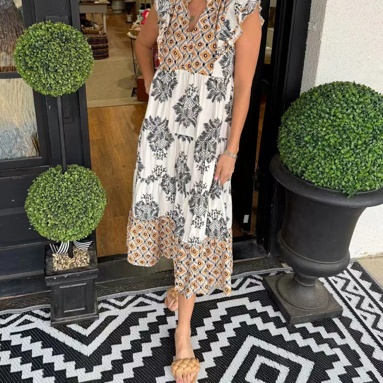 

Fashion Printed Lantern Sleeve Irregular Skirt Hem Ruffled Dress Women Summer Casual Pocket One-length Collar Dress For Women