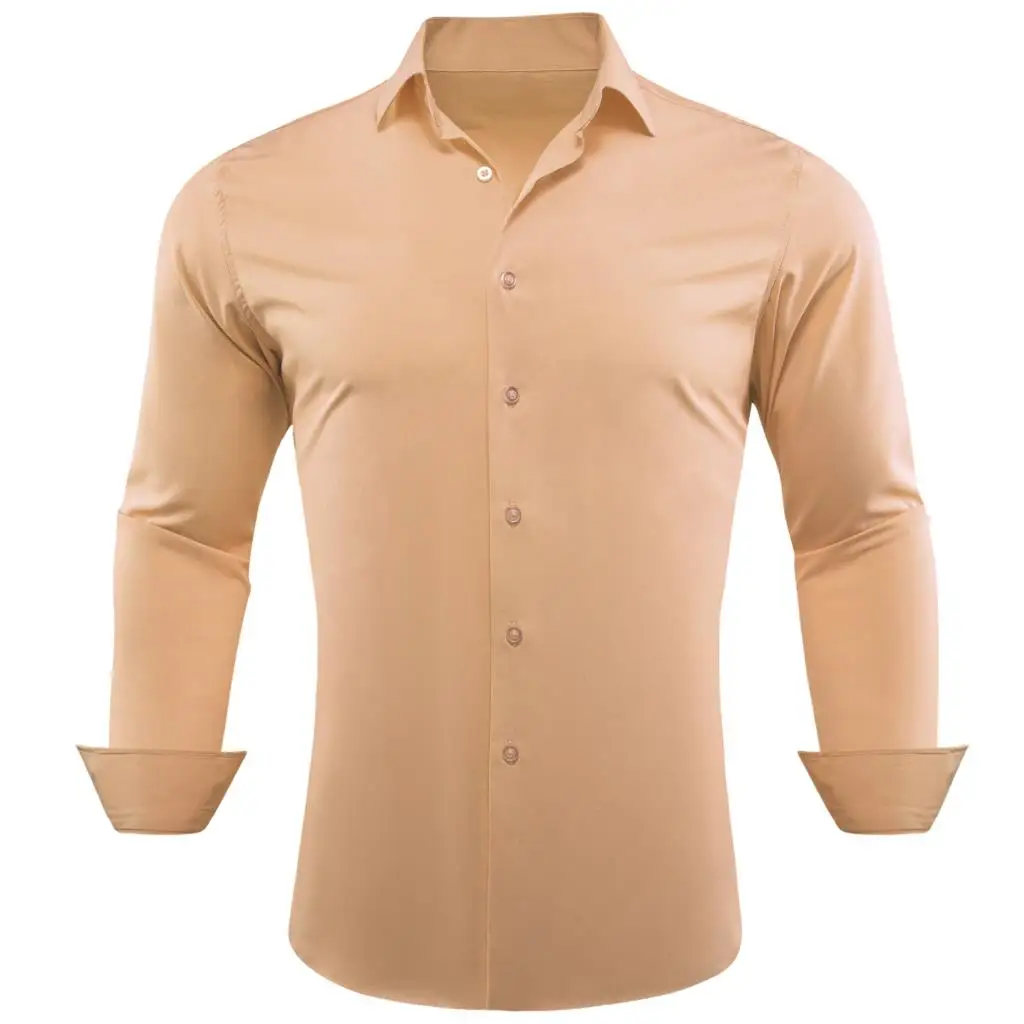 Designer Shirts for Men Solid Silk Beige Champagne Long Sleeve Male Tops Regular Slim Fit Blouses Breathable Barry Wang