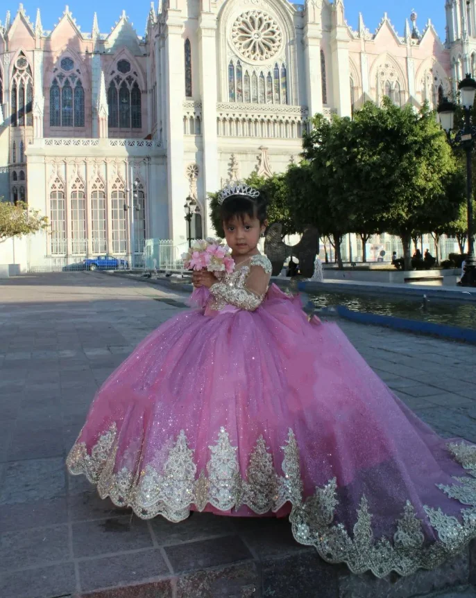 Pink Mini Quinceanera Dresses Little Princess Flower Girl Dress 2025 Long Sleeve Tulle Appliques vestidos de novia