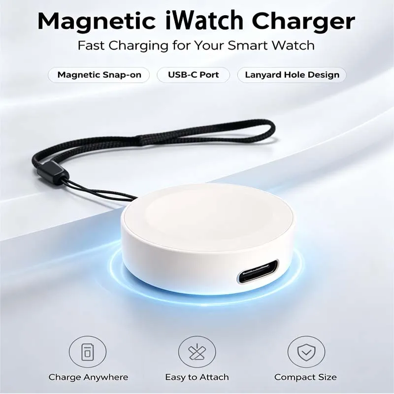 Portable Magnetic Watch Wireless Charger with Lanyard for iWatch 11 10 9 8 7 6 5 4 Ultra 2 SE Type C Double Port Charging