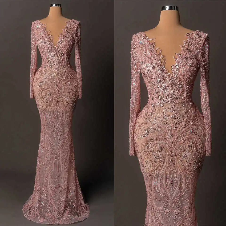 

Luxury Evening Dresses Mermaid V-Neck Rhinestones Crystals Pearls Long Sleeve Prom Gown Party Dress Vestido De Noite Customized