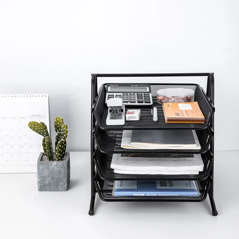 Metal 3‑4‑Tier Desk Organizer, Mesh File Tray, Office Document Storage Basket for Business Use