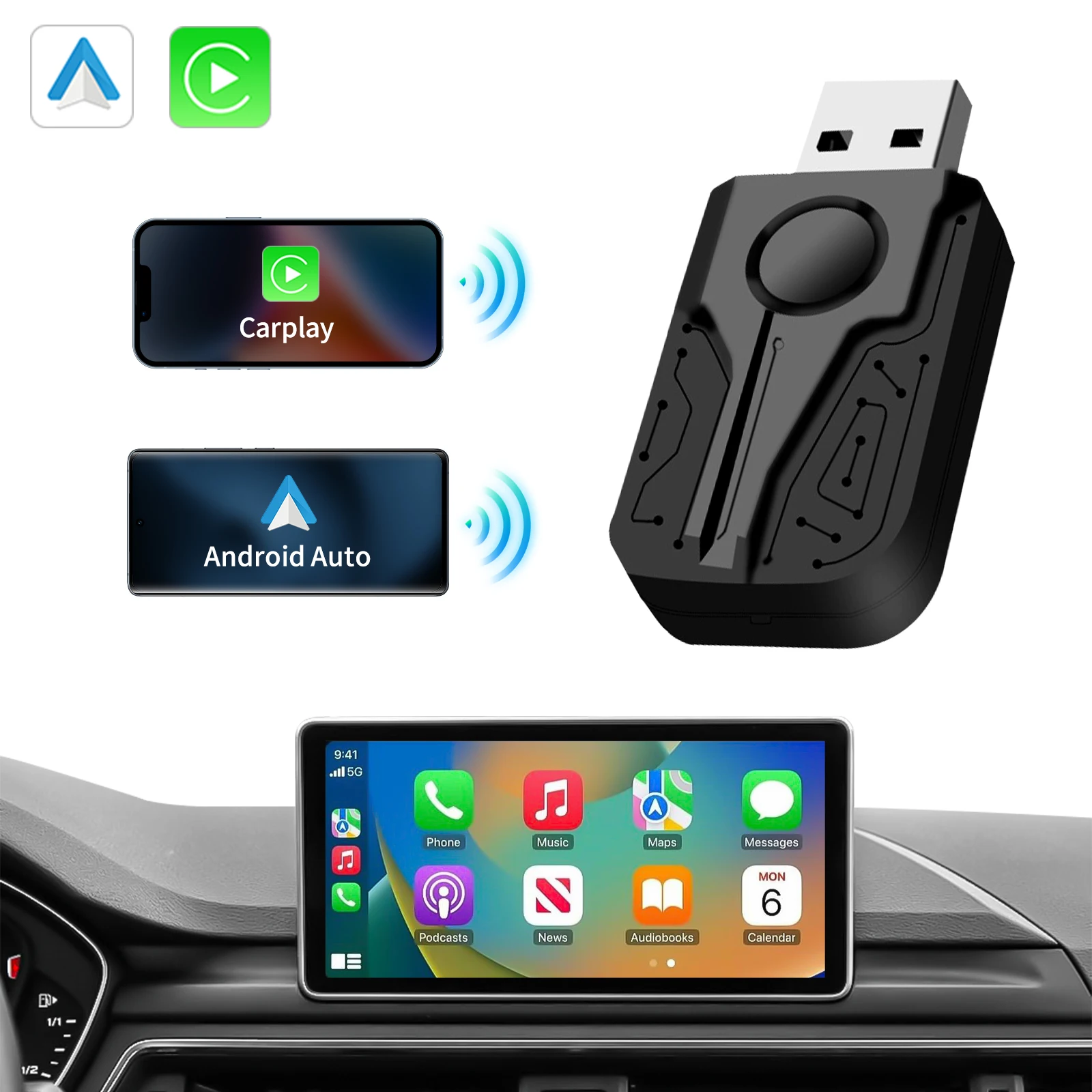 Wireless CarPlay Android Auto Adapter Smart Mini Box USB Plug and Play BT 5G WIFI for OEM Wired CarPlay Android Auto Car Models