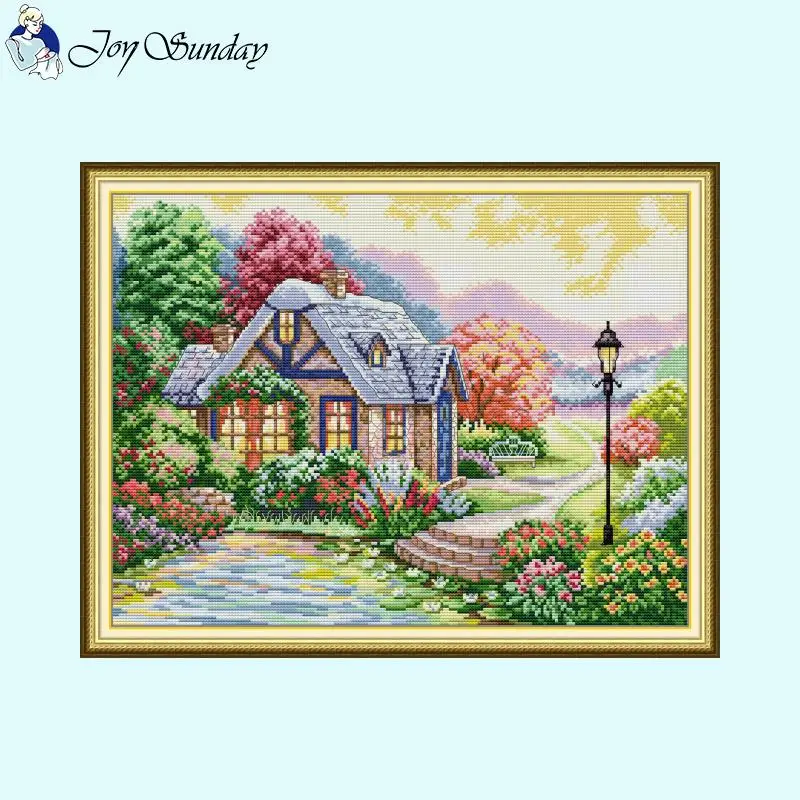 Beautiful Cottage Series Stamping Cross Stitch Kit 14CT White 16CT 11CT Canvas Fabric DMC Thread DIY Embroidery Home Decor Gifts