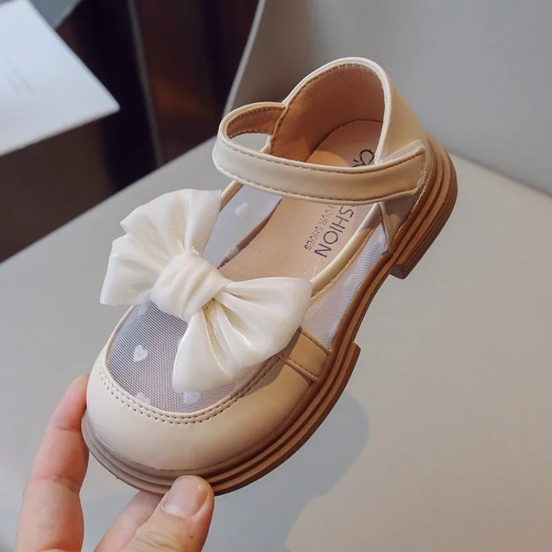 Sandales de princesse en maille de dentelle respirante avec nœud pour filles, chaussures en cuir doux pour enfants, amour des enfants, élégantes,