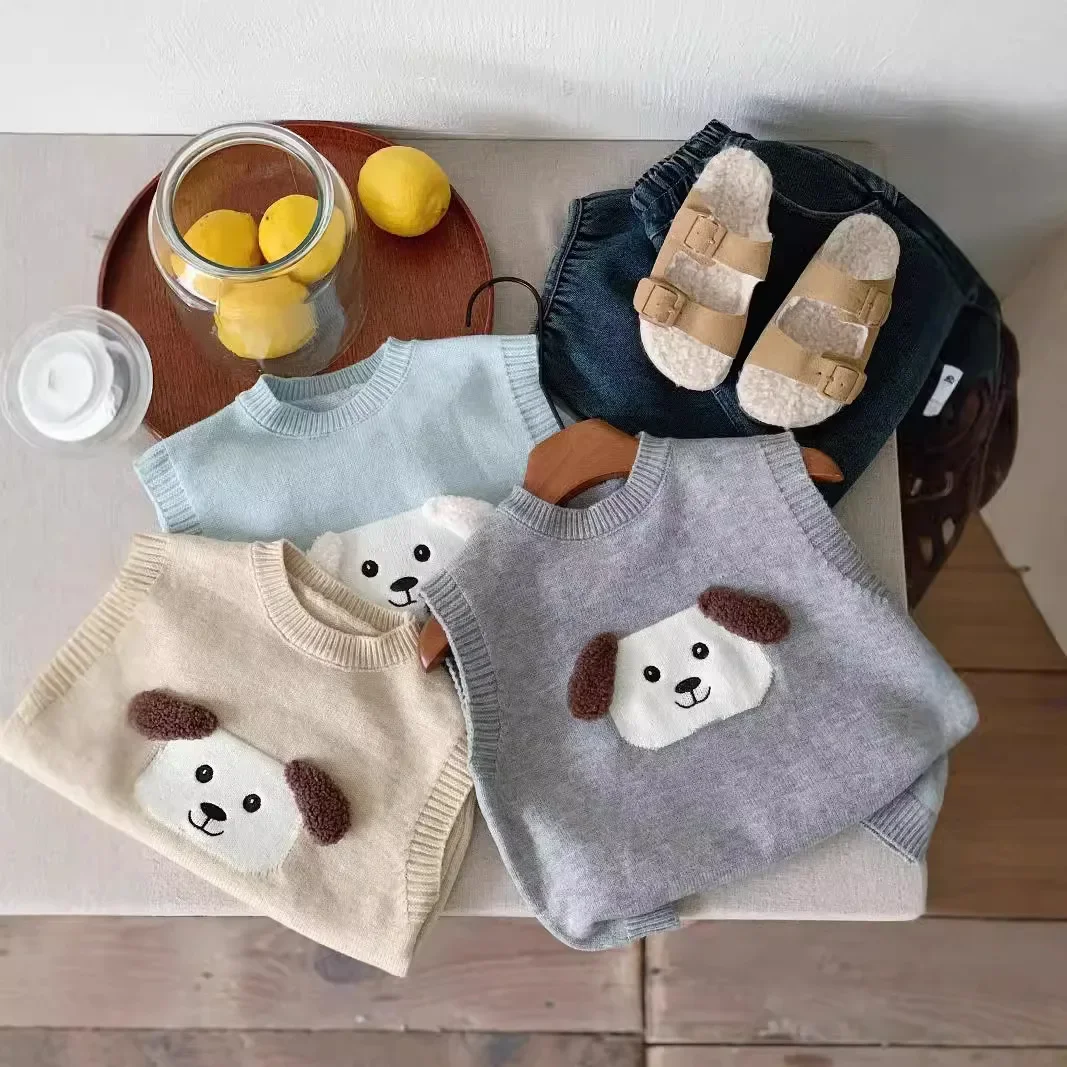

New Product Children's Clothing Boys and Girls Fashion Tank Top Children's Sweater Kids Vest Winter Cute Dog Knitted Sweater