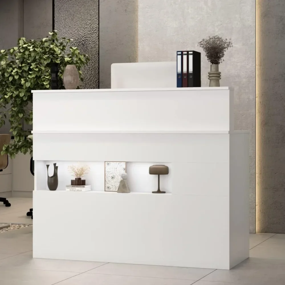 

Reception Desk with Counter, Retail Counter with Lighted Display Shelf & Lockable Drawers, for Salon Reception Room Checkout