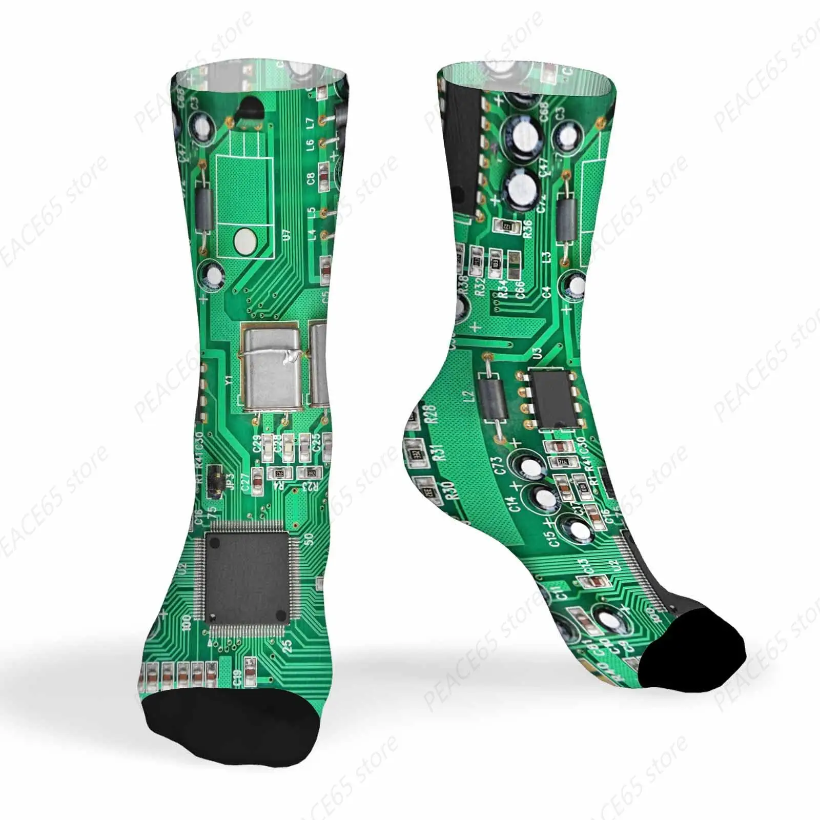 Mens Socks Circuit Board Funny Novelty Crazy Crew Socks Green Printed Computer Motherboard with Microcircuit Socks