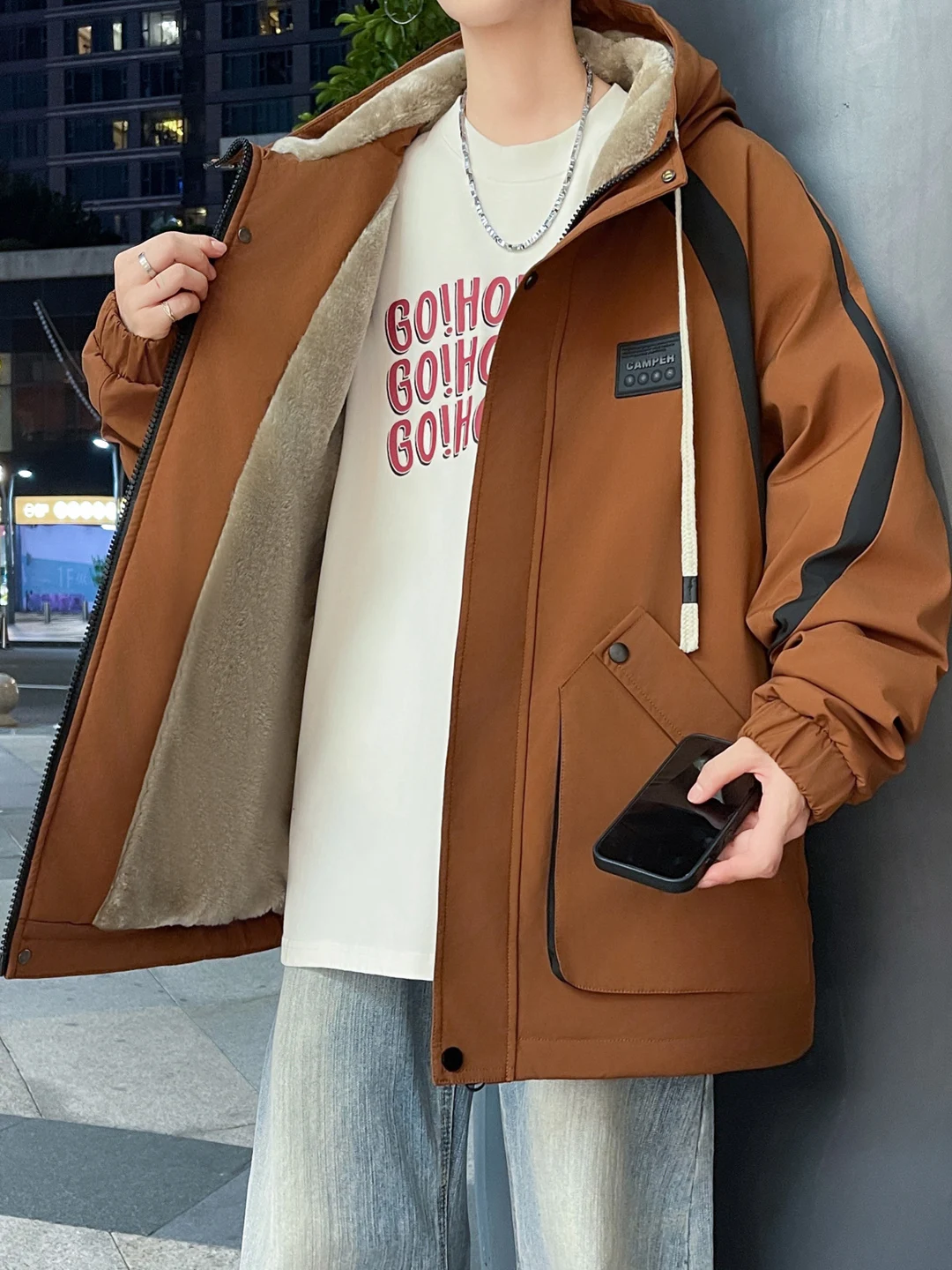 

Warm Fce Lined Cotton Jaet for Teens Casual Winter Outerwear Zipper Hooded Men's Thiened Polyester Cleanfit Sle