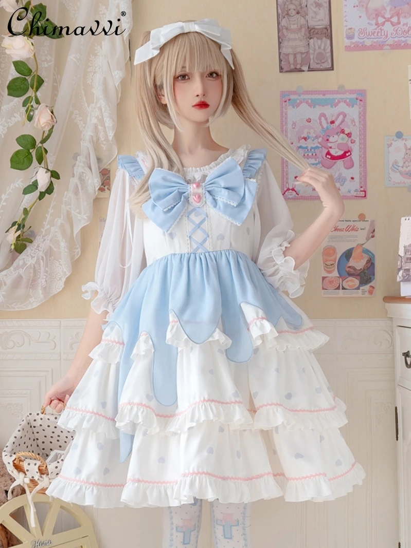 

Original Daily Sweet and Cute Three-Section Lolita Sling Dress 2024 Summer New Princess Girl Bow Elegant Above Knee JSK Dresses