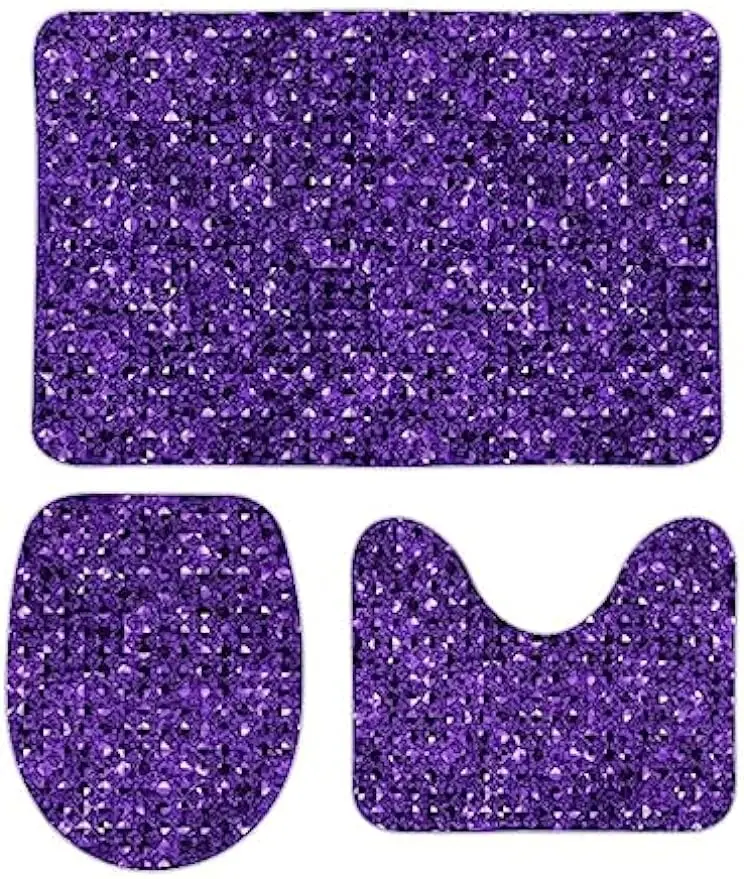 Bathroom Rug Set 3 Pieces Purple Sequin Effect Bath Rug Sets, Non Slip U Shaped Contour Rug & Toilet Lid Cover