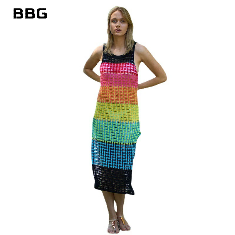 Summer Bikini Blouse For Women's Colorful Sleeveless Sexy Casual Hollow See Through Swimsuit Cover Up Party Swimwear Maxi Dress