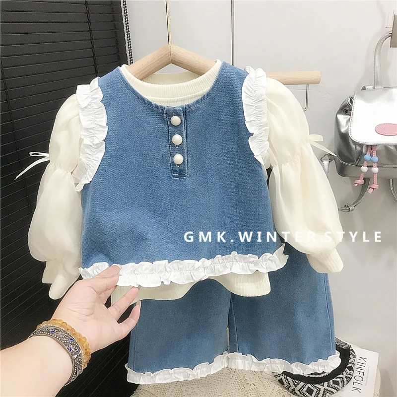 

Girls' Spring and Autumn New Stylish Lace Denim Set Cute Trendy Fashion Three-Piece Outfit for Baby Girls