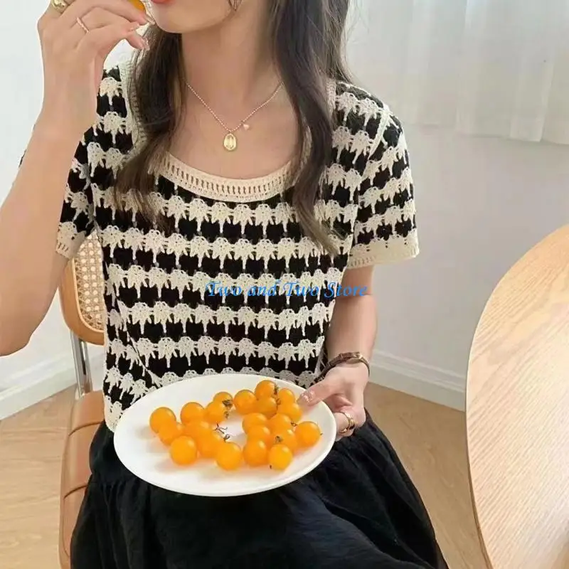 HX6F Women Cover Up T-Shirt Hollow Knit Striped Crop Top Crochet Short Sleeve Blouse