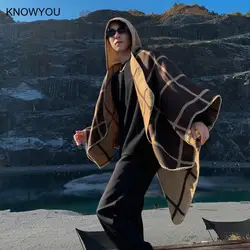 Coffee Plaid Ponchos for Men Warm Artificial Cashmere Pashmina Male Big Size Hooded Capes Vintage Coat Bohemian Shawl Jackets