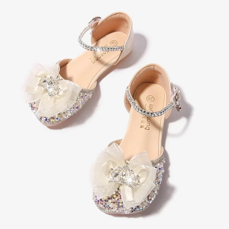 Girls Party Shoes Elegant Sweet Children Sequins Single Shoes Fashion Rhinestone Bowknot Kids Wedding Dress Flat Sandals Causal