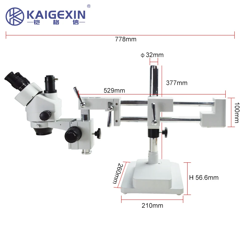 Kaigexin-Simul-Focal Stereo Zoom Microscope, Dual Arm Boom Stand, Long Arm, 10HW, 7X-45X