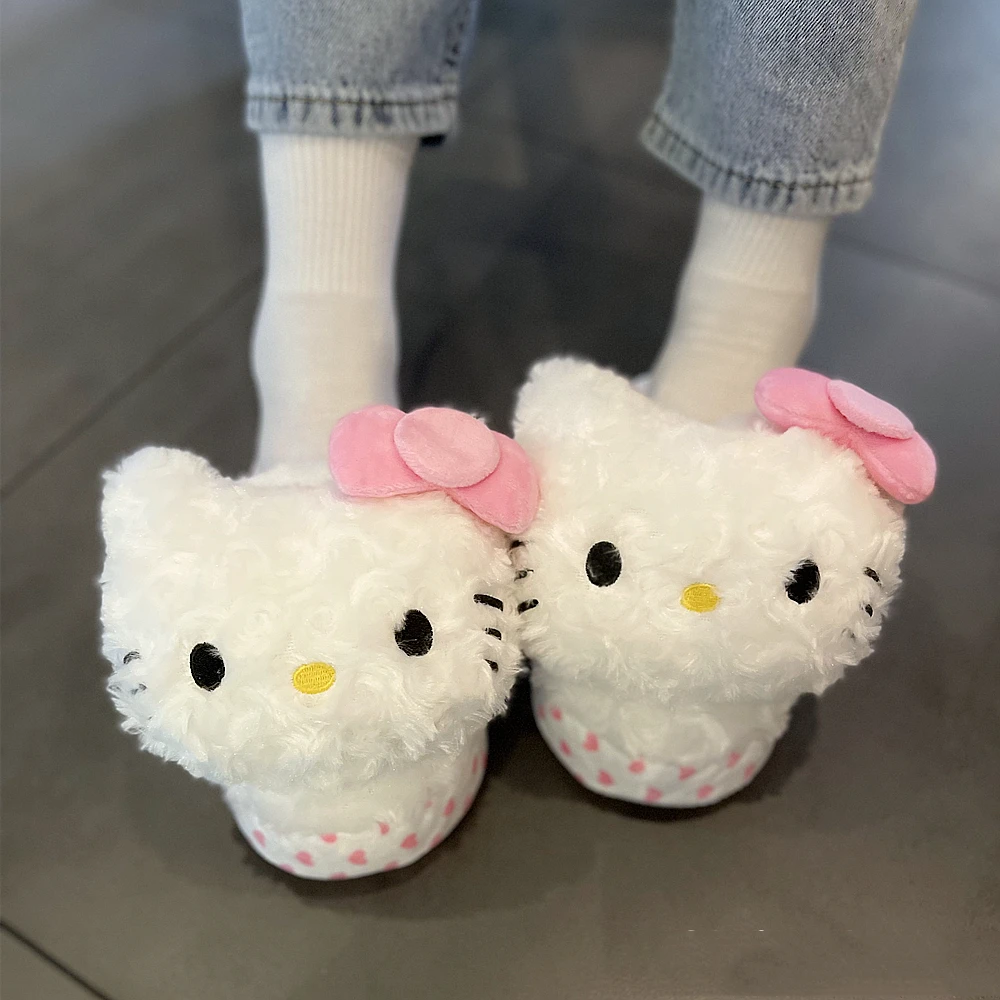 Japanese Style Warm Slippers Indoor Plush Shoes for Winter Non-slip Flat My Melody Kuromi Cinnamoroll Hangyodon Girl Ladies