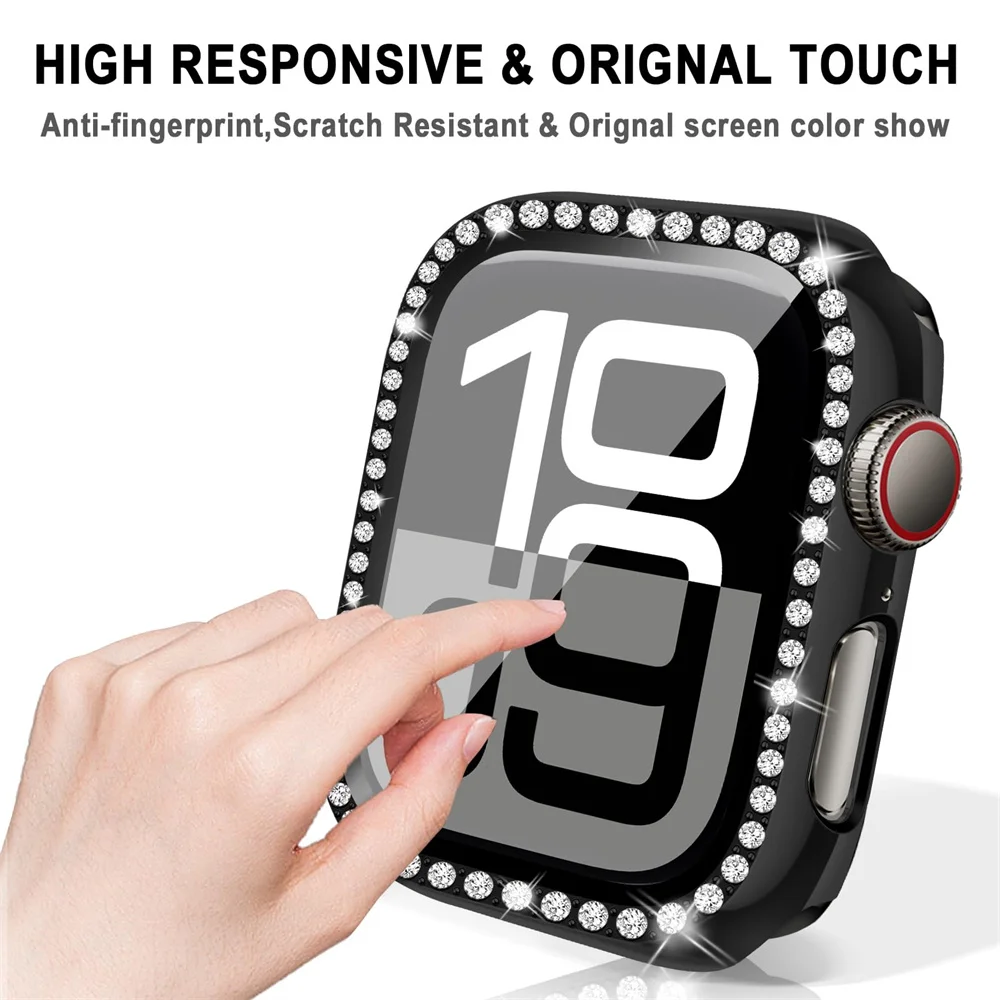 Single Row Diamond PC Case Tempered Glass For Apple Watch Series 11 10 9 8 7 6 5 SE Fits 38-46mm Sparkle Bling Men Women