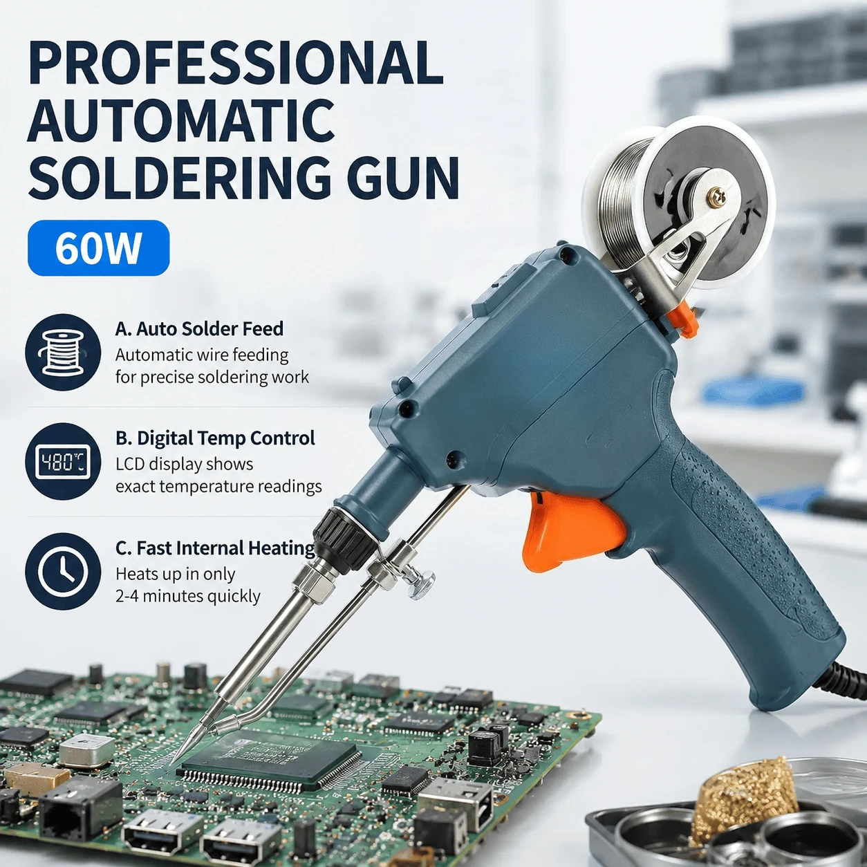 Professional Automatic Soldering Gun 60W Handheld Internal Heating Soldering Iron Welding Tool Kit with Temperature Control Digital Display 110V 220V Smart Solder Wire Feed Welding Station Iron Stand for Electronic Circuit Board PCB Repair Desolder Pump