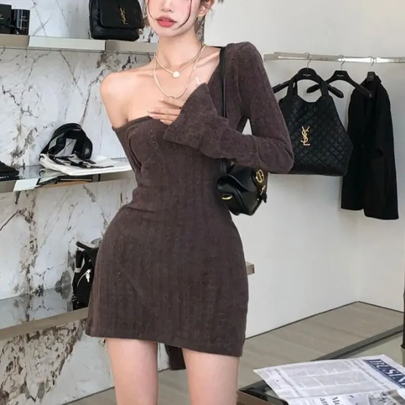 

Hotsweet Vintage Off Shoulder Mini Dress Spring Autumn Solid Color Female Clothing Long Sleeve Elegant Bag Hip Knitted Dresses