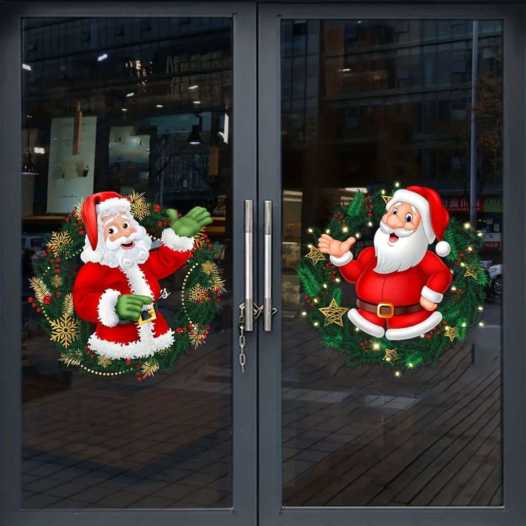 2PCS Christmas Glass Window Stickers, Santa Claus Pattern Window Stickers, Removable Stickers