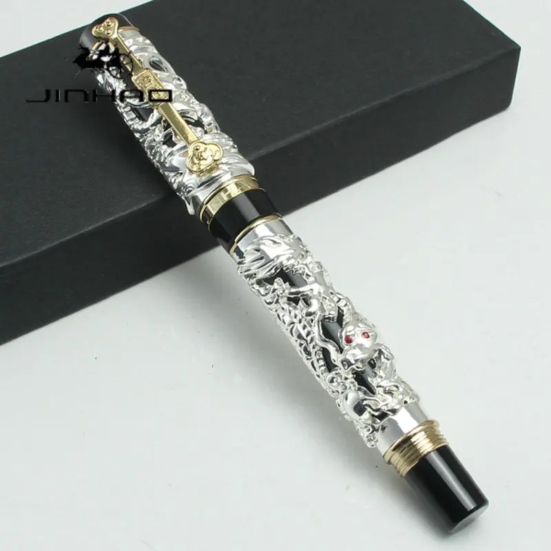 Heavy Solid Copper JINHAO Dragon Phoenix Rollerball Pen Antique Embossed Carved Smooth Signature Pen Office Daily Stationery