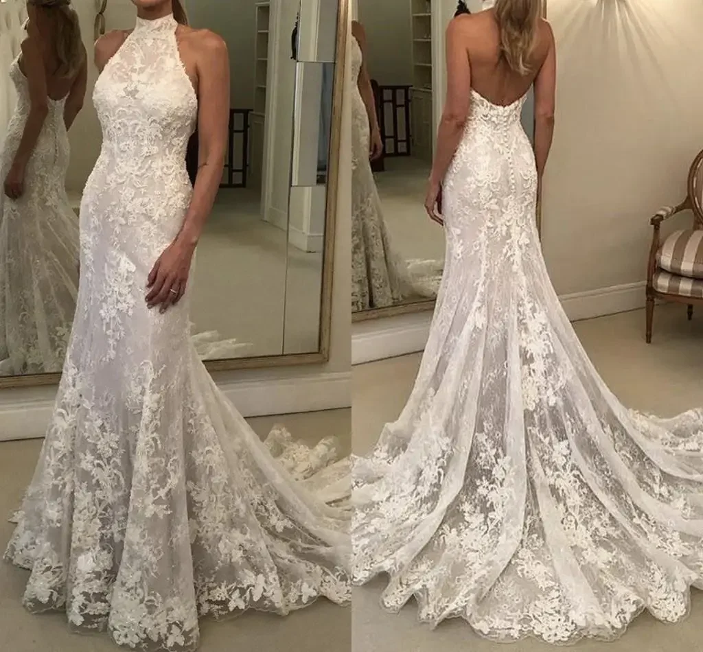 Customized Halter  Lace Appliques Mermaid Wedding Dress Vestido De Casamento Sweep Train Sexy Backless Women Country Bridal Gown