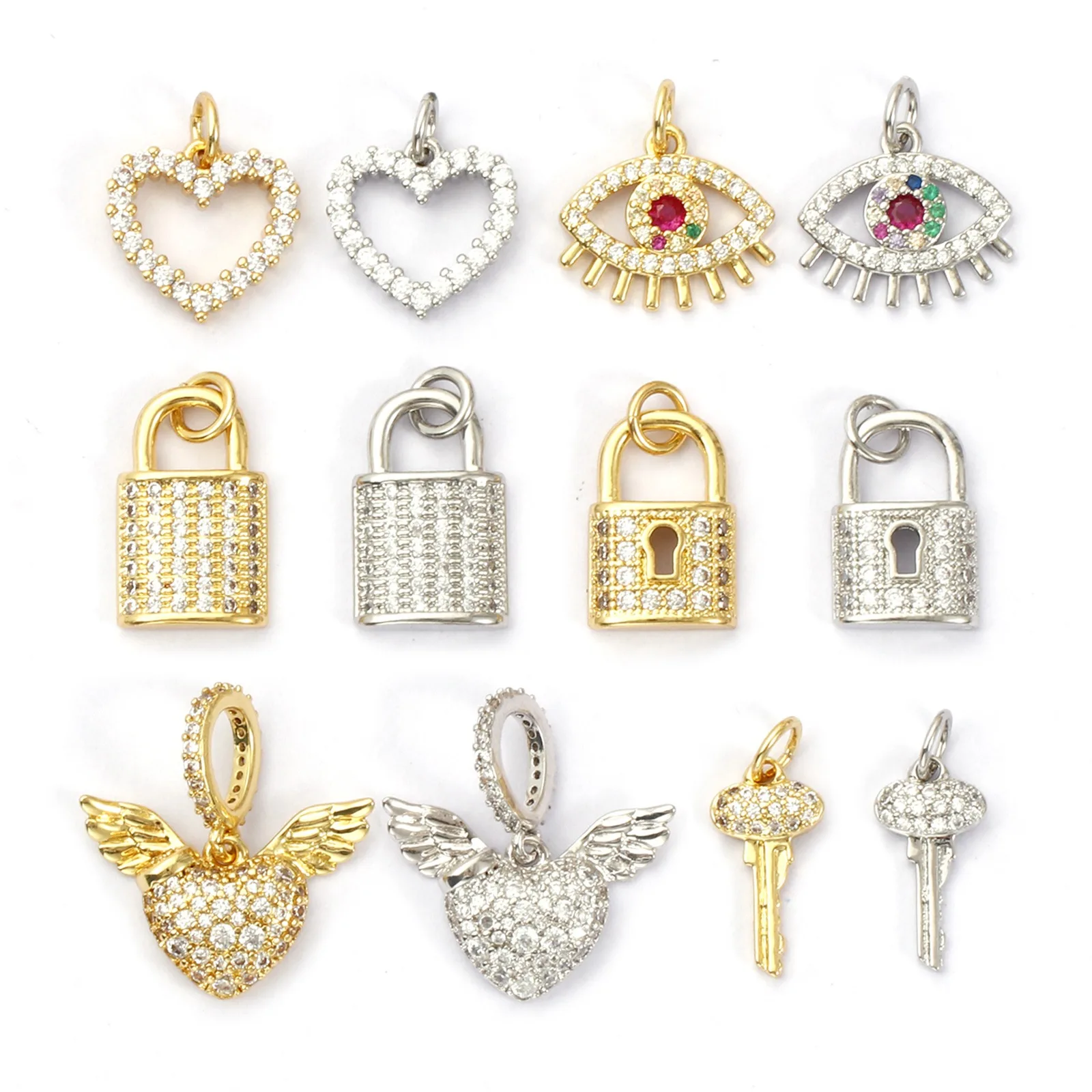 1pc Brass Charms Valentine's Day Heart Key Lock Multicolor Enamel Cubic Zirconia Pendant DIY Necklace Women Jewelry Findings