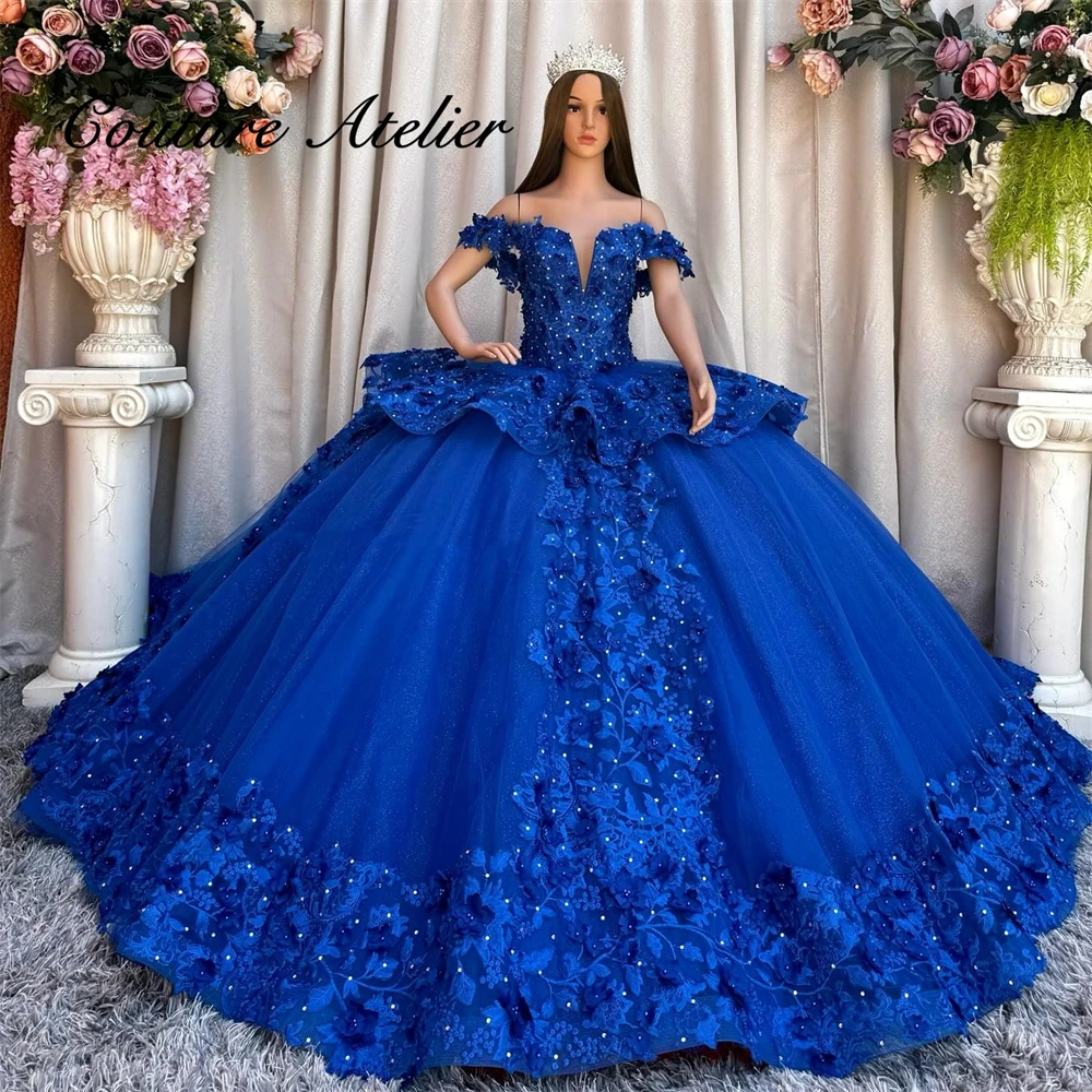 

King Blue Off Shoulder Quinceanera Dresses Beaded Lace Appliques Ball Gown With Detachable Train 15 Years Old Dress Customized