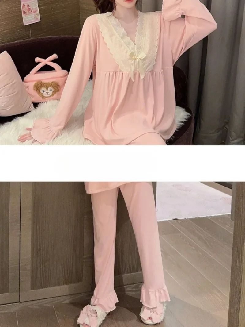 Pajama Sets Women Velvet Ins V-neck Lace Long Sleeve Trousers Homewear Autumn Elegant Tender Nightwear Sweet Pyjamas Feminino