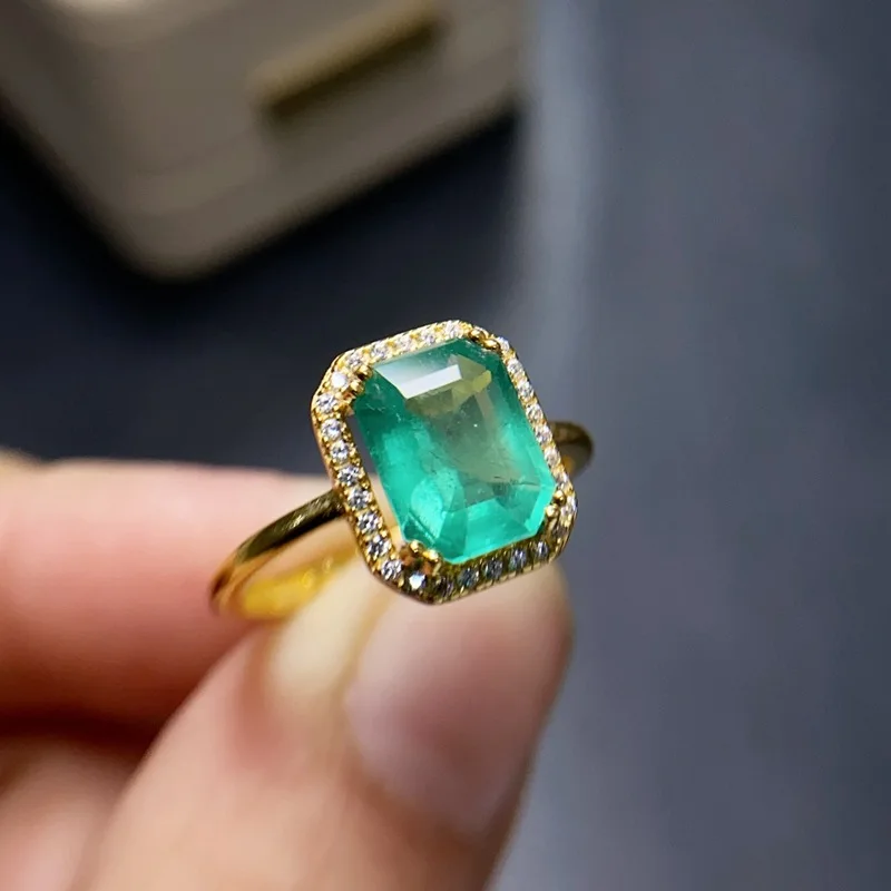 Square Natural Emerald Ring, 925 Silver Fine Setting 7x9mm Main Stone Adjustable with Certificate, Luxury Gemstone Jewelry Gift