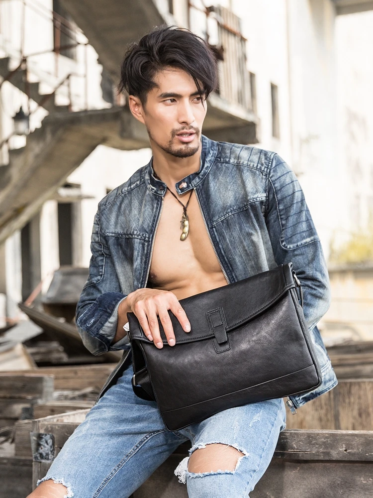 Nova bolsa mensageiro masculina bolsa de ombro bolsa de embreagem casual bolsa de ombro de couro bolsa mensageiro macio preto couro genuíno