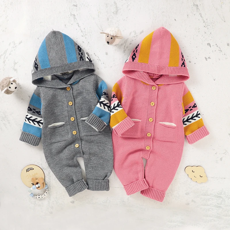 

Newborn Baby Rompers Knitted Autumn Toddler Girls Clothing Long Sleeve Overall Playsuit 0-18M Infant Boy Jumpsuit Fashion Hooded