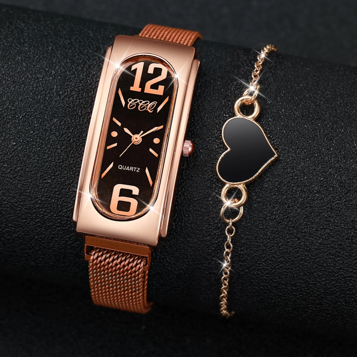 2PCS/Set Fashion Rectangle Women's Quartz Watch Magnet Buckle Mesh Band Watches Bracelet Set