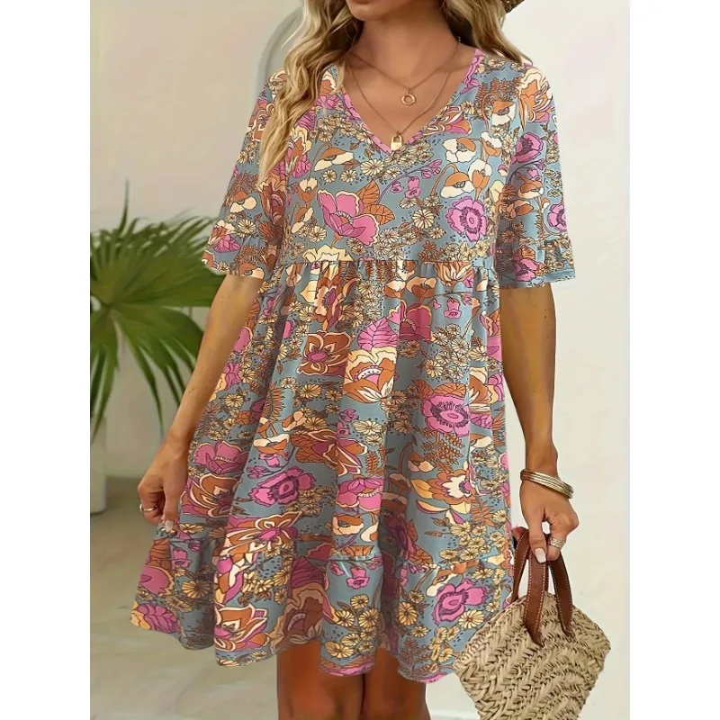 

Plus Size 1XL-5XL Women's Fashionable Ruffle Sleeve Loose Dress Ladies V-neck Pleated Printed Casual and Comfortable Dress