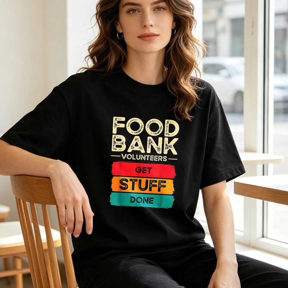 Food Bank Volunteers Get Stuff Done T Shirt Rainbow Stripes Short Sleeve Tees Casual Retro Style Unisex Breathable Summer Shirt