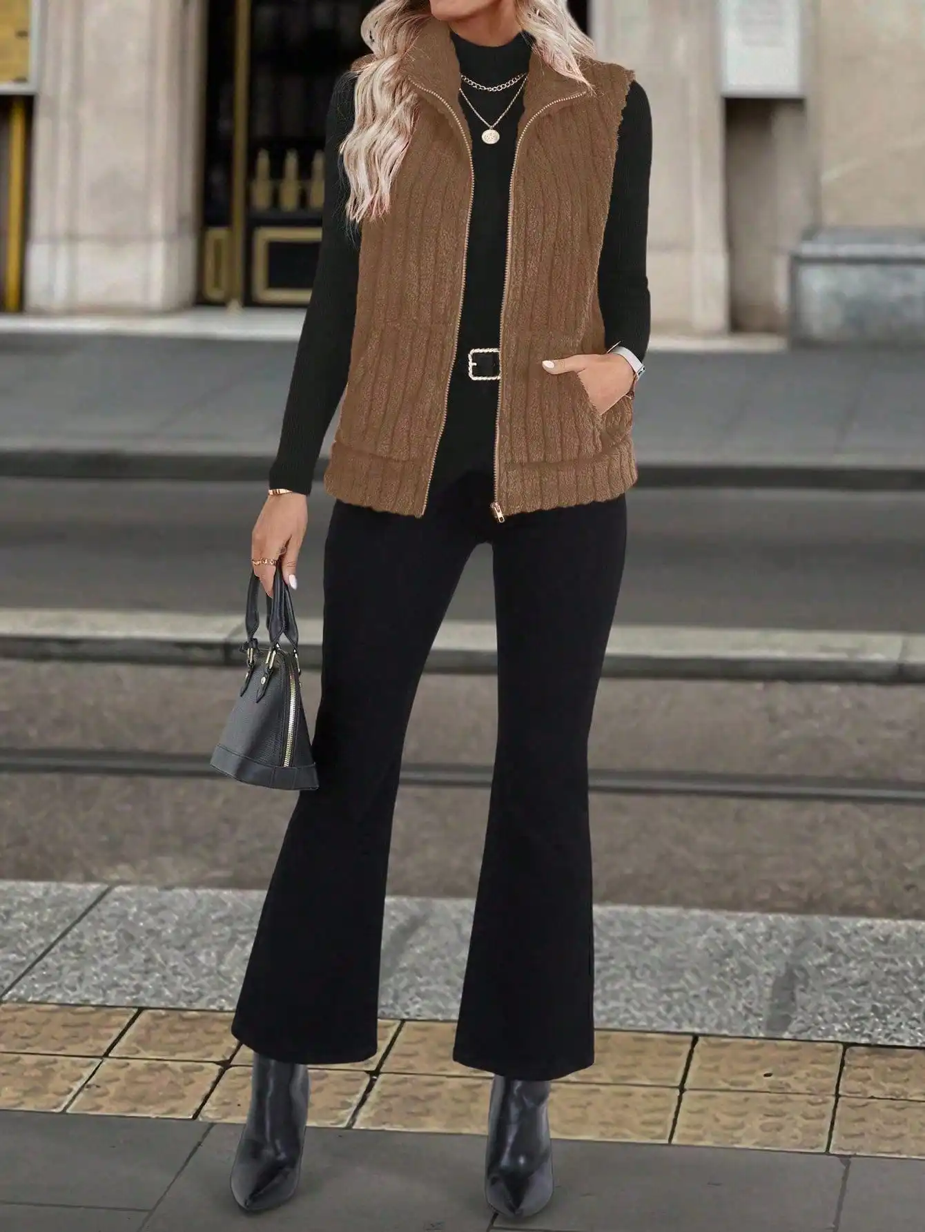 여성 캐주얼 지퍼업 스탠드 칼라 조끼, 가을과 겨울에 매일 착용하기에 적합