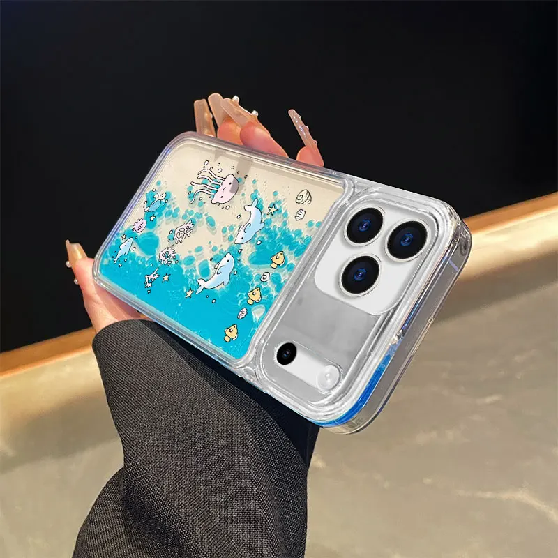 Dolphin jellyfish Floating Liquid Case for IPhone 17 Pro Max 14 16 15 Luxury Dynamic Moving Around Water Cover Clear Hard Fundas view 2