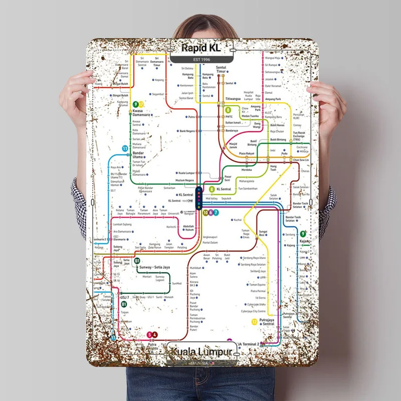 Kuala Lumpur Rapid KL Map Tinplate Sign Map Poster Bathroom Decor Custom Metal Signs for Wall Art Decoration Retro Plates Room