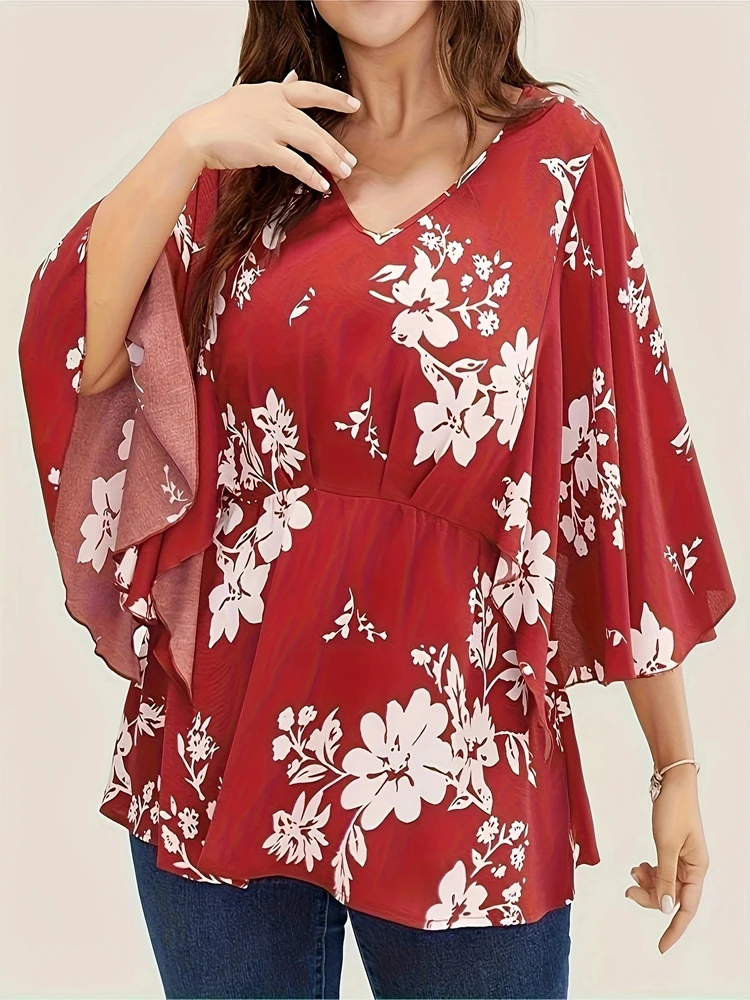 Women Spring Autumn New Shirts Flower Printing V-Neck Batwing Half Sleeve Loose Casual Plus Size Women\'s Clothing Wear Elegant