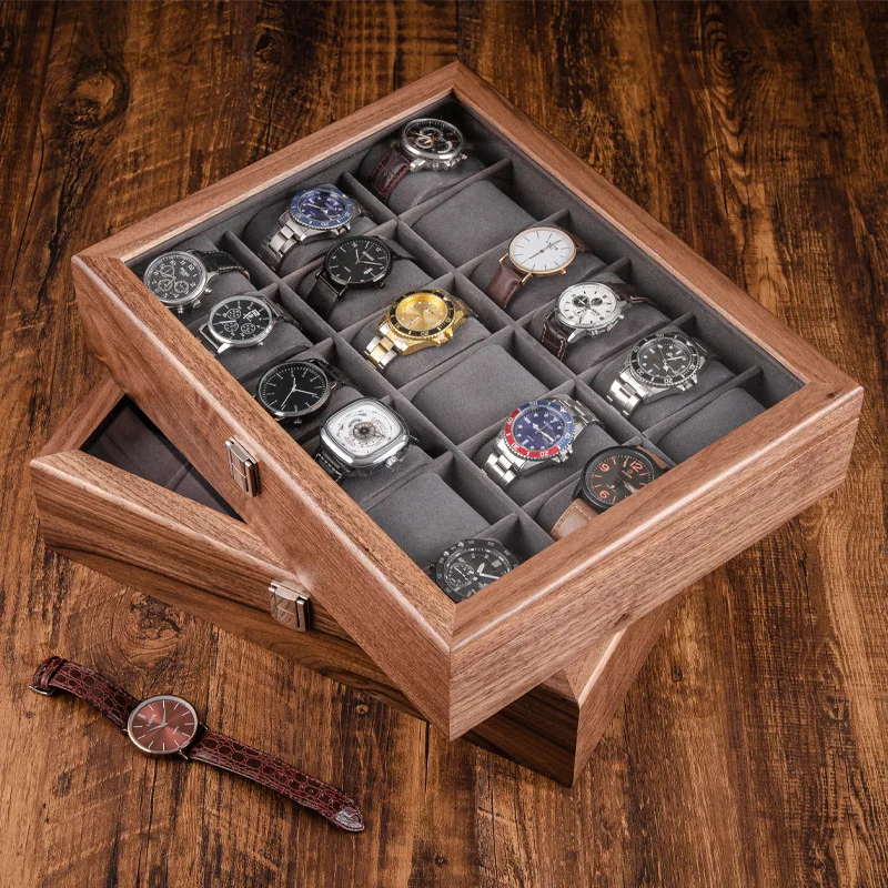 Walnut Watch Box Solid Wood Watch Boxes Organizer 18 Slots Transparent Skylight Men Wrist Watches Display Collection Storage