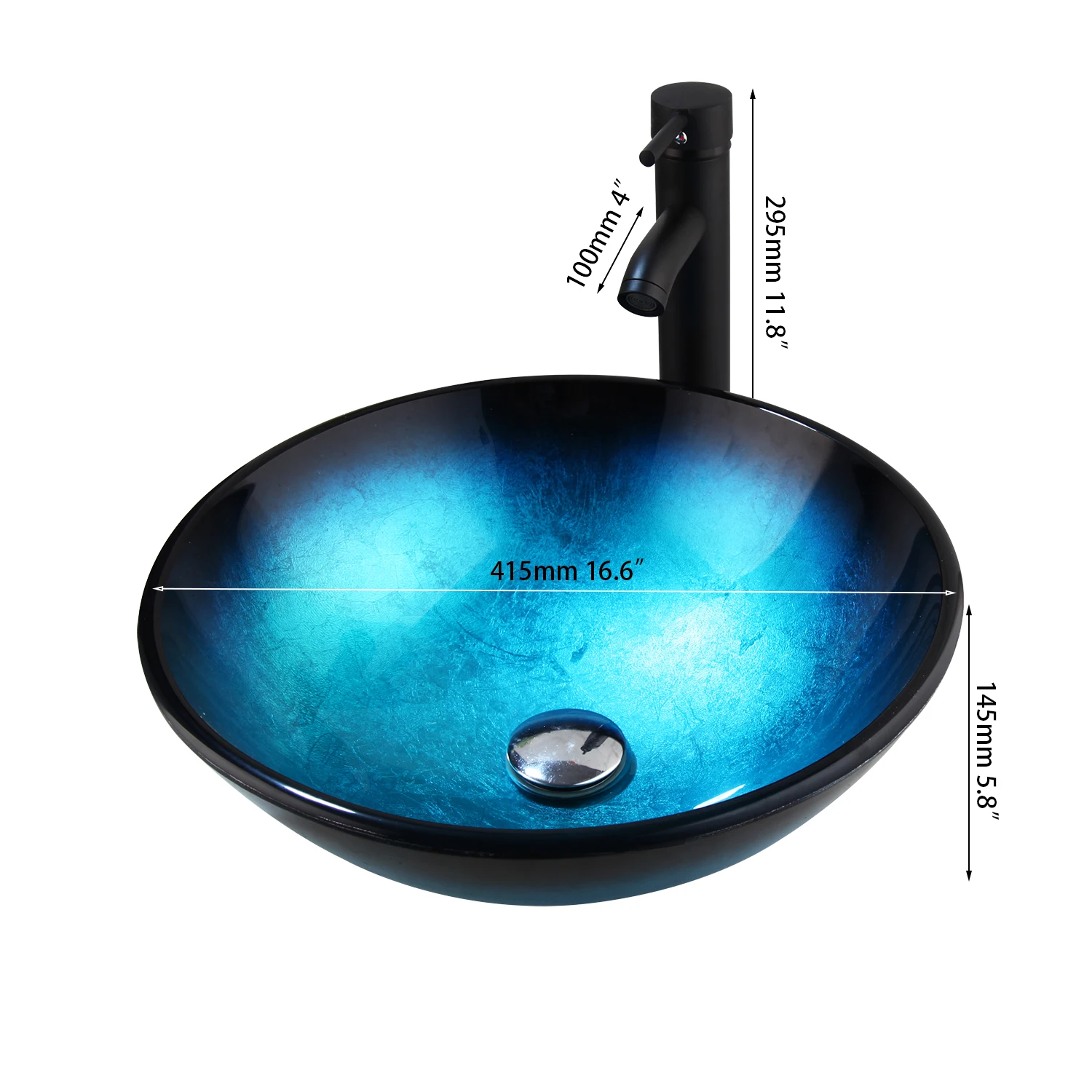 KEMAIDI Bule Round Tempered Glass Basin Bowls Above Counter Lavatory Washbasin wihh Black Mixer Faucet for Bathrooms