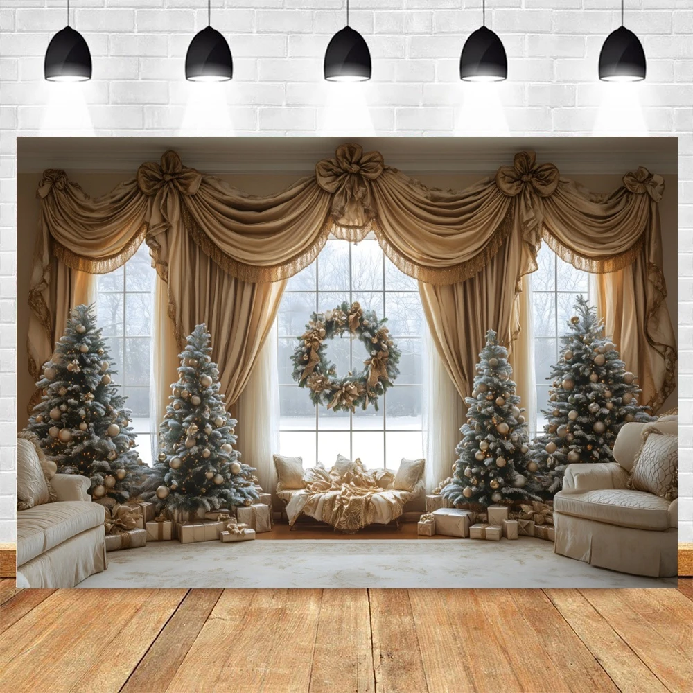 Indoor Christmas Photography Backdrop Window Custains Sofa Christmas Tree Party Decor Background Kid Family Portrait Photo Props