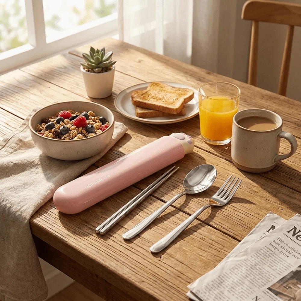 Portable Stainless Steel Cutlery Set Cat Paw Cute Spoon Fork Chopsticks Set with Case Reusable Travel Tableware Set Utensils