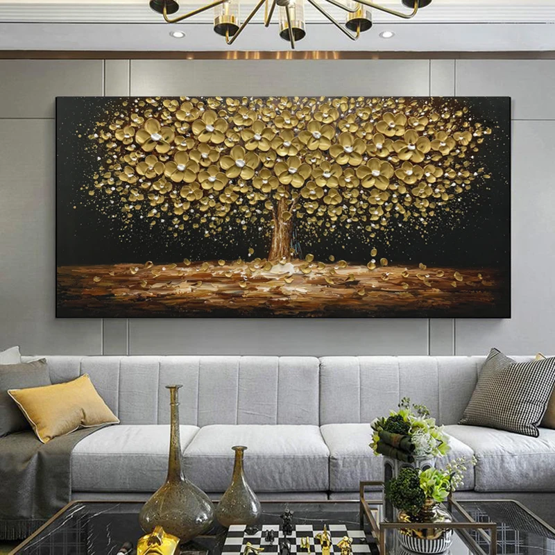 1PC frameless Abstract Leaves Oil Painting Print On Canvas Texture Golden and Silver Trees Wall Art Modern Home Decor Living Roo