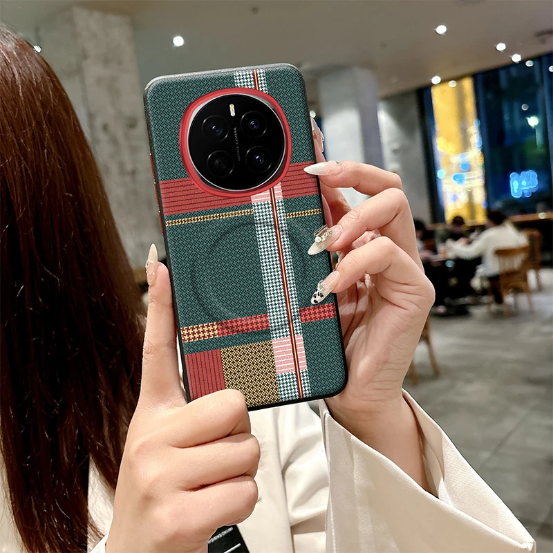 

For Honor Magic7 Pro RSR Case Red Green Stripe Pattern Leather Magsafe Individual Metal Keys Matte Anti-Slip Grip Soft Cover