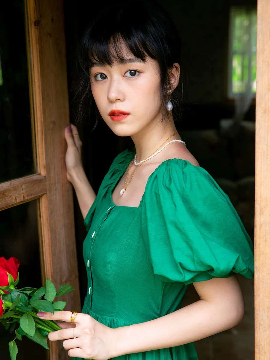 

Summer een Square Collar Midi Dr Women's Vintage Bubble Sve Design Sensation A-Line Skirt Cotton Blend Fabric High Waist