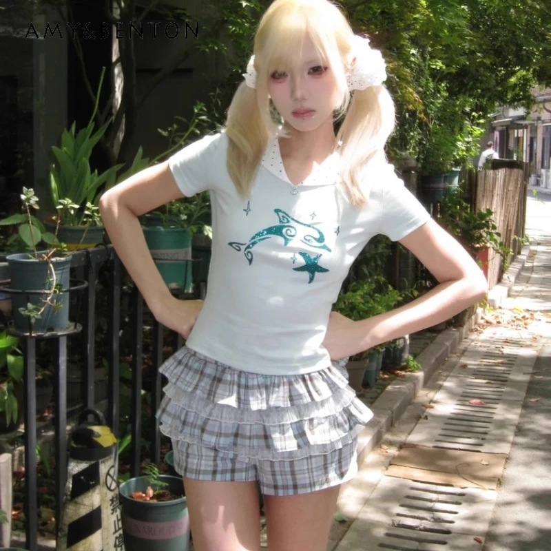 

Original Design Mint Green Polka Dot Navy Collar Short Sleeve Women's T-Shirt Summer Y2K Cute Dolphin Star Print T-Shirts Ladies