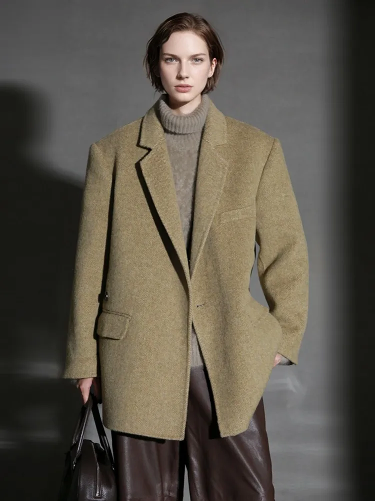 Autumn Winter Women Versatile Single Breasted Notched Suit Jacket Long Sleeve Office Ladies Elegant Blazers Loose Fit Coat Tops
